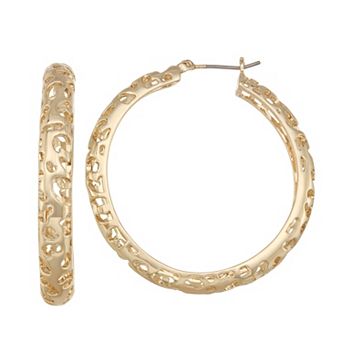 Nine West Gold Tone Leopard Click It Hoop Earrings