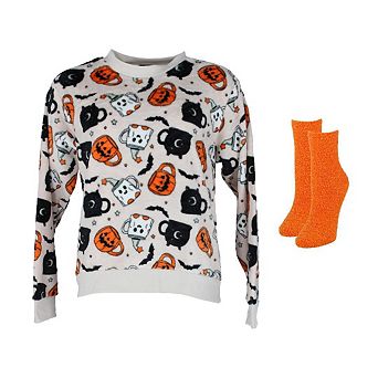 Weekending Women's Plush Halloween Mug Crewneck with Socks Set