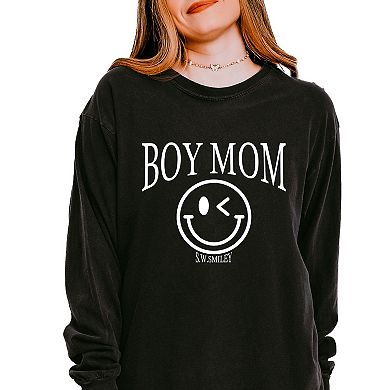 S.W.Smiley Boy Mom Outline - Women's Garment Dyed Long Sleeve Graphic T-Shirt