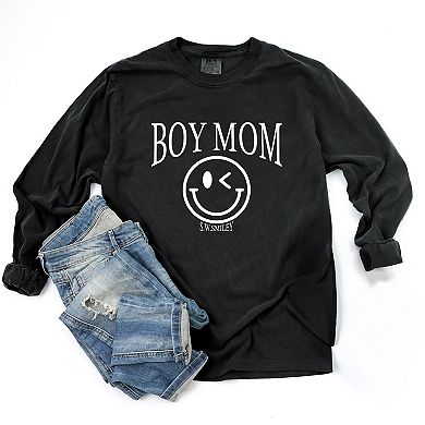 S.W.Smiley Boy Mom Outline - Women's Garment Dyed Long Sleeve Graphic T-Shirt