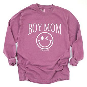 S.W.Smiley Boy Mom Outline - Women's Garment Dyed Long Sleeve Graphic T-Shirt
