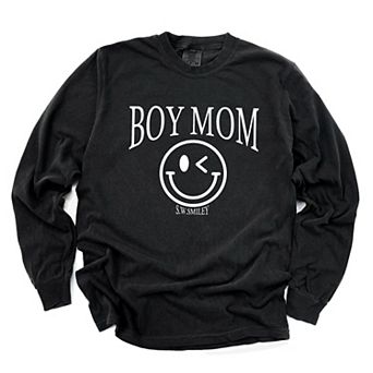 S.W.Smiley Boy Mom Outline - Women's Garment Dyed Long Sleeve Graphic T-Shirt