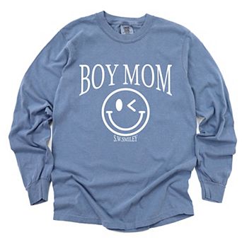 S.W.Smiley Boy Mom Outline - Women's Garment Dyed Long Sleeve Graphic T-Shirt