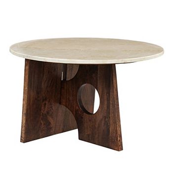 Kali Coffee Table, 27 inch Natural Round Marble Tabletop, Dark Brown Mango Wood Sculptural Base