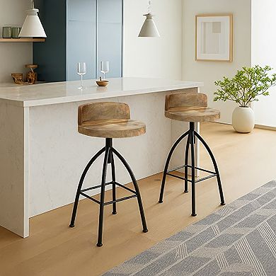 Pia Adjustable Barstool, Set of 2, Mango Wood Seat, Iron Frame