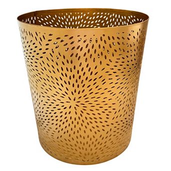 10 inch Decorative Iron Wastebasket Trash Can, Matte Gold,Leaf Etched Design