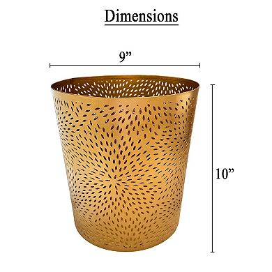 10 inch Decorative Iron Wastebasket Trash Can, Matte Gold,Leaf Etched Design