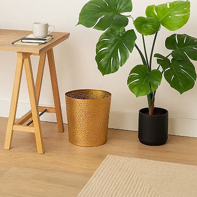 10 inch Decorative Iron Wastebasket Trash Can, Matte Gold,Leaf Etched Design