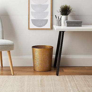 10 inch Decorative Iron Wastebasket Trash Can, Matte Gold,Leaf Etched Design