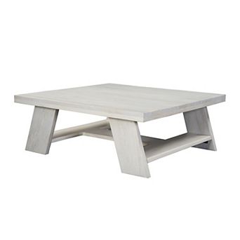 Aya 40 inch Square Coffee Table, Biscotti White Mango Wood, Bold Angled Legs