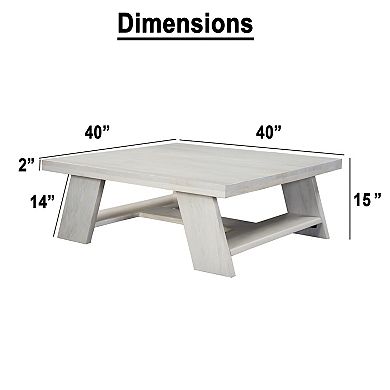 Aya 40 inch Square Coffee Table, Biscotti White Mango Wood, Bold Angled Legs
