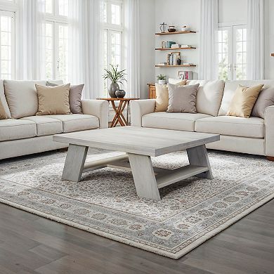 Aya 40 inch Square Coffee Table, Biscotti White Mango Wood, Bold Angled Legs