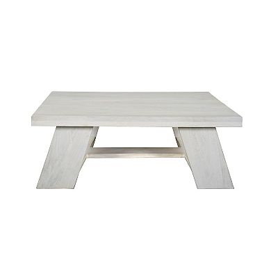 Aya 40 inch Square Coffee Table, Biscotti White Mango Wood, Bold Angled Legs