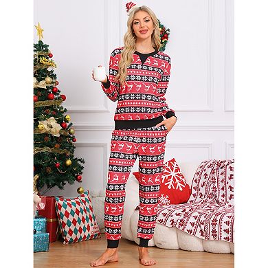 Women's Christmas Family Matching Pajama Set Long Sleeve Elk Snow Striped Xmas Party Lounge Set