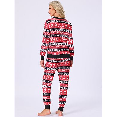 Women's Christmas Family Matching Pajama Set Long Sleeve Elk Snow Striped Xmas Party Lounge Set