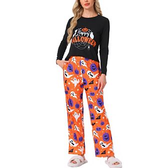 Women's Halloween Matching Cute Pumpkin Print Long Sleeve Top with Pants Family Pajama Sets