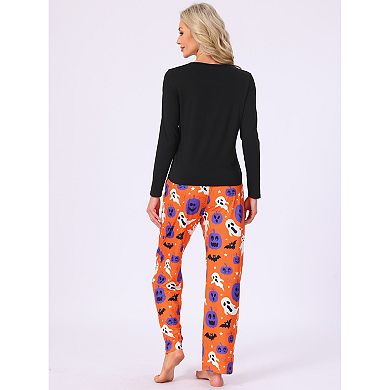 Women's Halloween Matching Cute Pumpkin Print Long Sleeve Top with Pants Family Pajama Sets