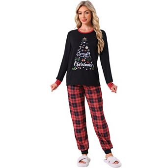 Women's Christmas Family Pajama Set Long Sleeve Xmas Tree Check Couples Matching Lounge Set