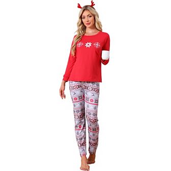 Women's Christmas Matching Snow Print Long Sleeve Top Cute Print Pants Family Pajama Sets