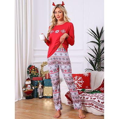 Women's Christmas Matching Snow Print Long Sleeve Top Cute Print Pants Family Pajama Sets