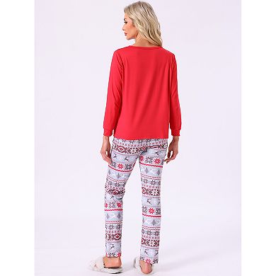 Women's Christmas Matching Snow Print Long Sleeve Top Cute Print Pants Family Pajama Sets