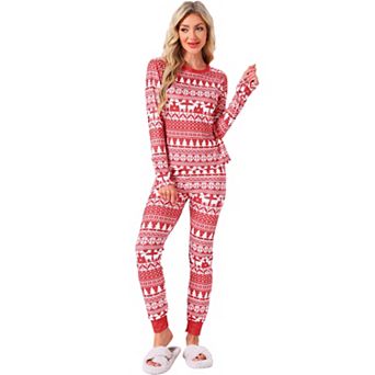 Women's Christmas Family Matching Pajama Set Elk Long Sleeve Xmas Tree Snow Sleepwear Lounge Set