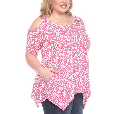 Plus Size Cold Shoulder Leopard Print Short Sleeve Tunic Top