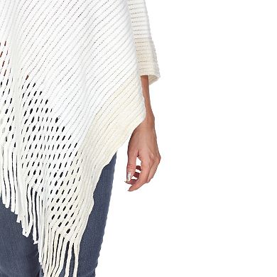 Women’s Cable Knit Poncho with Fringe Trim