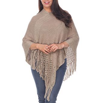 Women’s Cable Knit Poncho with Fringe Trim