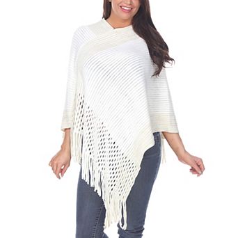 Women’s Cable Knit Poncho with Fringe Trim