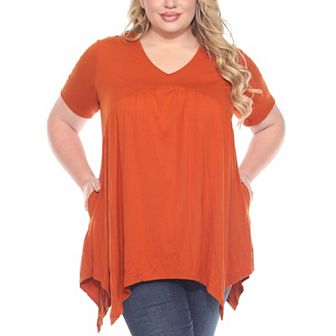 Plus Size Short Sleeve Shirred Front Knit Tunic Top with Pockets