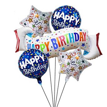 Colorful Birthday Set 5 pc with Star & Circle Mylar Foil Balloons for Party Decorations