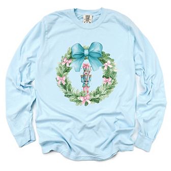 Nutcracker Wreath Coquette - Women's Garment Dyed Long Sleeve Graphic T-Shirt