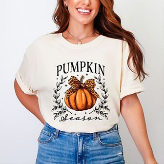 Pumpkin Season Leopard Bow - Women's Garment Dyed Graphic T-Shirt