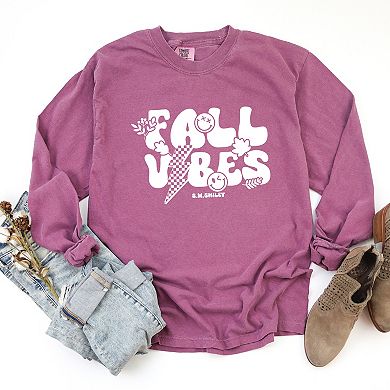 S.W.Smiley Fall Vibes Lightning - Women's Garment Dyed Long Sleeve Graphic T-Shirt