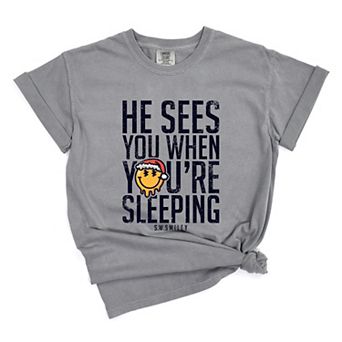 S.W.Smiley He Sees You When You're Sleeping - Women's Garment Dyed Graphic T-Shirt
