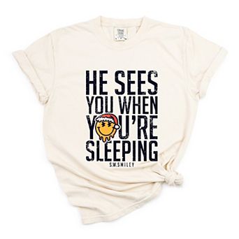 S.W.Smiley He Sees You When You're Sleeping - Women's Garment Dyed Graphic T-Shirt