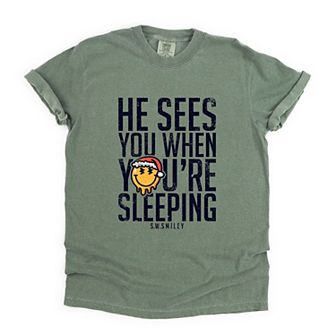 S.W.Smiley He Sees You When You're Sleeping - Women's Garment Dyed Graphic T-Shirt