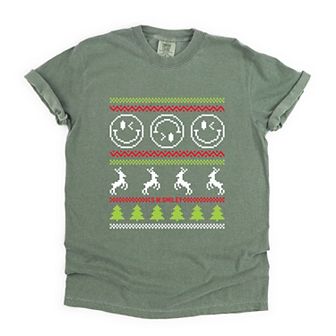S.W.Smiley Ugly Christmas Sweater Pixels - Women's Garment Dyed Graphic T-Shirt