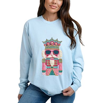 Pink and Teal Nutcracker Patchwork Print - Women's Garment Dyed Long Sleeve Graphic T-Shirt