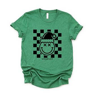 S.W.Smiley Checkered Christmas Wink - Women's Short Sleeve Graphic T-Shirt