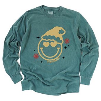 S.W.Smiley Christmas Heart Eyes - Women's Garment Dyed Long Sleeve Graphic T-Shirt