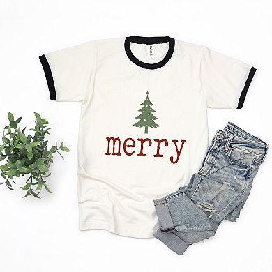 Merry Christmas Tree Stars - Women's Ringer Graphic T-Shirt