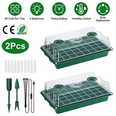 2Pcs Seed Starter Trays with Grow Light, 40 Cells, Adjustable Brightness, Timer & Humidity Dome