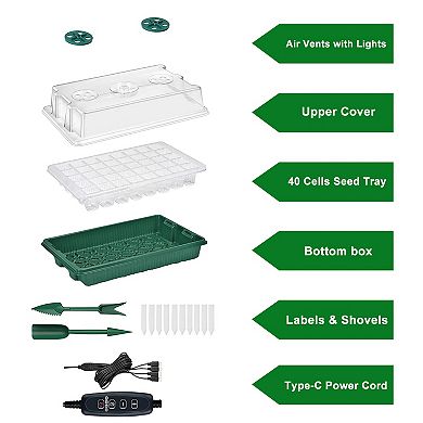2Pcs Seed Starter Trays with Grow Light, 40 Cells, Adjustable Brightness, Timer & Humidity Dome