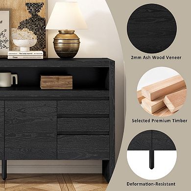 60" 3 Door Sideboard with 3 Drawers Large Storage Cabinet for Living Room, Hallway, Dining