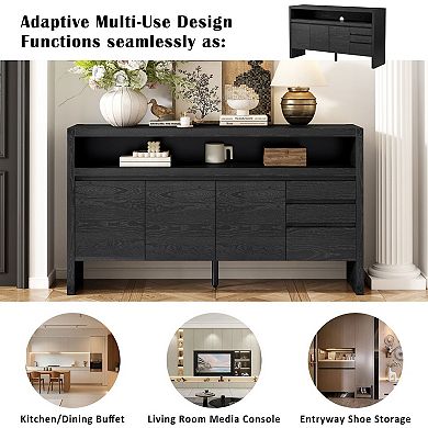60" 3 Door Sideboard with 3 Drawers Large Storage Cabinet for Living Room, Hallway, Dining