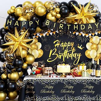 Black Gold Birthday Set Banner 71pcs, Foil Balloons, Tablecloth & Party Arch