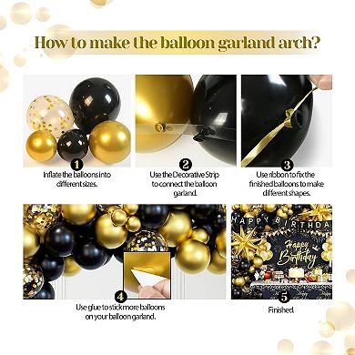 Black Gold Birthday Set Banner 71pcs, Foil Balloons, Tablecloth & Party Arch