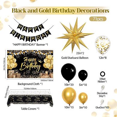 Black Gold Birthday Set Banner 71pcs, Foil Balloons, Tablecloth & Party Arch